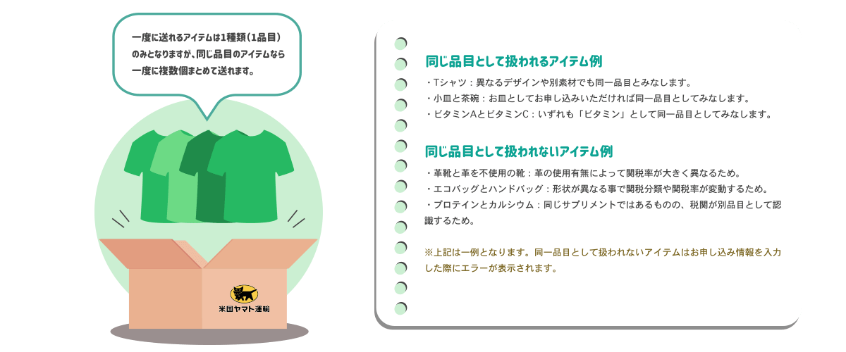 同じ品目として扱われるアイテム例（Tシャツ：異なるデザインや別素材でも同一品目とみなします・小皿と茶碗：お皿としてお申込いただければ同一品目とになします。ビタミンAとビタミンC：いずれも「ビタミン」として同一品目とみなします）同じ品目として扱われないアイテム例（革靴と革を不使用の靴：革の使用有無によって関税が大きく異なるため。エコバッグとハンドバッグ：形状が異なることで関税分類や関税率が変動するため。プロテインとカルシウム：同じサプリメントではあるものの、税関が別品目として認識するため。）これらは一例で、同一品目として扱われないアイテムはお申込情報を入力した際にエラーが表示されます