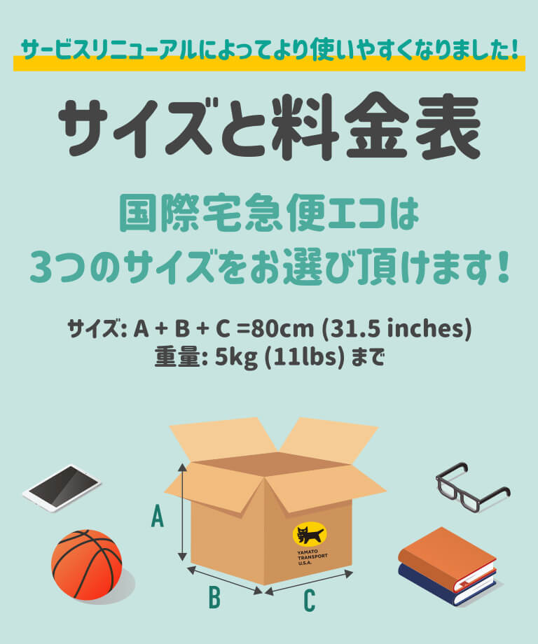 サイズと料金表。国際宅急便エコは3つのサイズをお選びいただけます